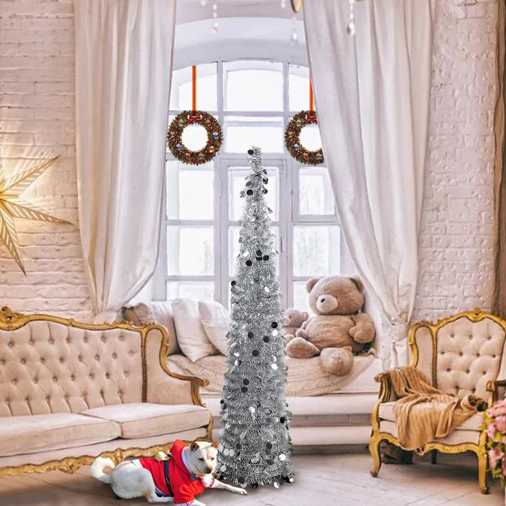5FT Collapsible Pop Up Christmas Tree, Colorful Tinsel Christmas Tree with 60 LED Warm Lights for Christmas Decorations Indoor Ja Inovei