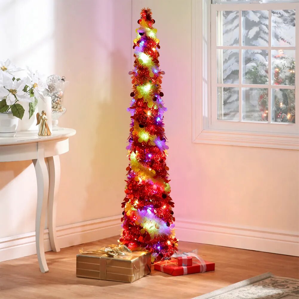 5FT Collapsible Pop Up Christmas Tree, Colorful Tinsel Christmas Tree with 60 LED Warm Lights for Christmas Decorations Indoor Ja Inovei