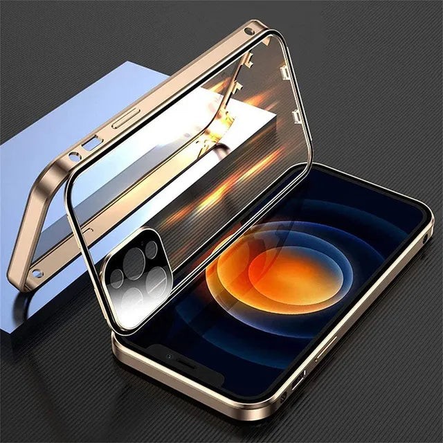 360 Full Protection Metal Magnetic Double Sided Glass Snap Lock Case For iPhone 15 14 13 Pro Max 13 12Mini Lens Protection Cover Ja Inovei