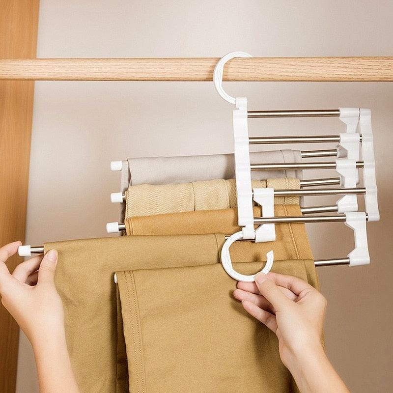 5 in 1 Stainless Steel Wardrobe Adjustable Magic Trouser Hangers Multifunction Pant Rack towel Shelves Closet Organizer Ja Inovei